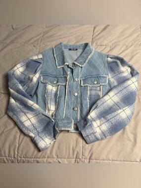 Miss Me Distressed Light Blue Denim & Plaid Sleeve Cropped Jacket, Brand New